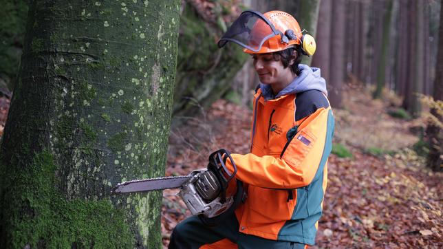 Bild: BR Checker Can Der Holz-Check Checker Can mit einer Motorsäge.