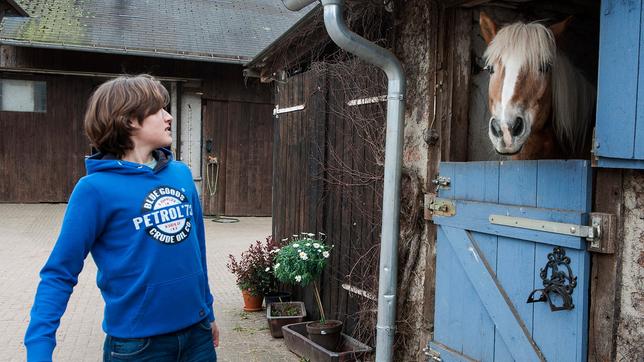 Jan erschrickt vor einem Pferd