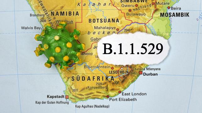 Landkarte vom südlichen Afrika mit einem Virus und dem Schriftzug B.1.1.529