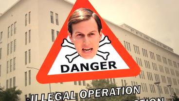 Bild von Kushner auf einem Schild mit einem roten Strich