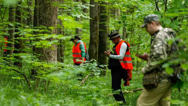 Helfer im Wald auf der Suche nach Vermissten 