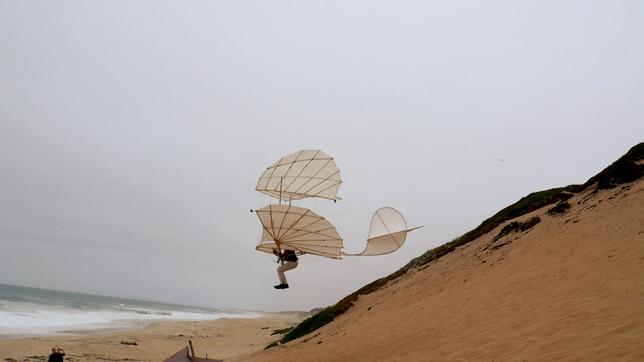 Ein Segelgleiter über Dünen im Flug