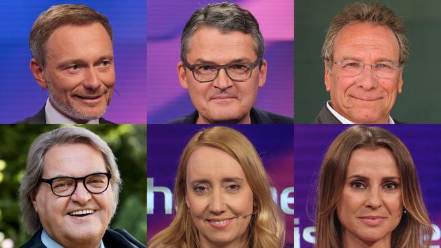 Die Gäste am 10. Januar 2024: Christian Lindner, Roderich Kiesewetter, Klaus Ernst (oben v.l.n.r.); Helmut Markwort, Melanie Amann, Jagoda Marinić (unten v.l.n.r.) 