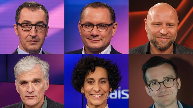 Die Gäste am 23. Januar 2024: Cem Özdemir, Tino Chrupalla, Olaf Sundermeyer (oben v.l.n.r.); Walter Sittler, Sonja Zekri, Martin Machowecz (unten v.l.n.r.)