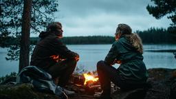 Martin (Mads Mikkelsen, li.) sitzt mit Anika (Maria Bonnevie) am Lagerfeuer.