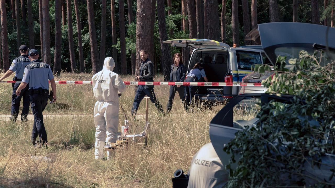 Auf einer einsamen Waldlichtung wurde ein verlassenes Auto mit Unmengen an Blut im Kofferraum gefunden. Brasch (Claudia Michelsen) und Köhler (Matthias Matschke) inspizieren den Fundort.