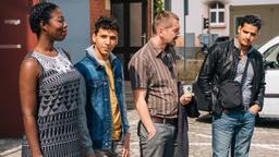 Die Schauspieler, von links: Dayan Kodua (Rolle: Neyla Mafany), Mohamed Issa (Rolle: Basem Hemidi), Till Wonka (Rolle: Luca Rossi) und Yasin El Harrouk (Rolle: Said Gashi) beim Pressetermin des Franken-Tatort.