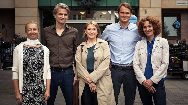 Von links: Uli Putz (Produzentin), Andreas Senn (Regisseur), Dagmar Manzel (Rolle: Hauptkommissarin Paula Ringelhahn), Fabian Hinrichs (Rolle: Hauptkommissar Felix Voss) und Stephanie Heckner (Redakteurin, Bayerischer Rundfunk)