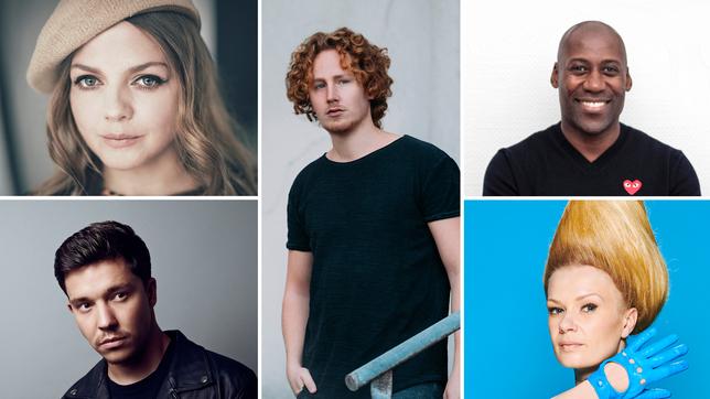 Die deutsche ESC-Jury 2019: Annett Louisan (oben links), Nico Santos (unten links), Michael Schulte (Mitte), Joe Chialo (oben rechts) und Nicola Rost (unten rechts)