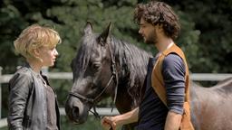 Raphael (Aaron Karl) bringt Alexandra (Julia Richter) das Reiten mit Dezember bei.