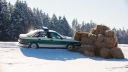 Die Bremsen am Streifenwagen haben versagt, Hubert (Christian Tramitz) und Girwidz (Michael Brandner) landen mit dem Auto in einem Haufen aus Strohballen.