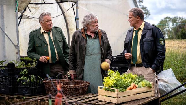 Hubert (Christian Tramitz) und Girwidz (Michael Brandner) verhören den Gärtner (Klaus Stiglmeier). Kann er ihnen etwas über Lothar Kolb erzählen?