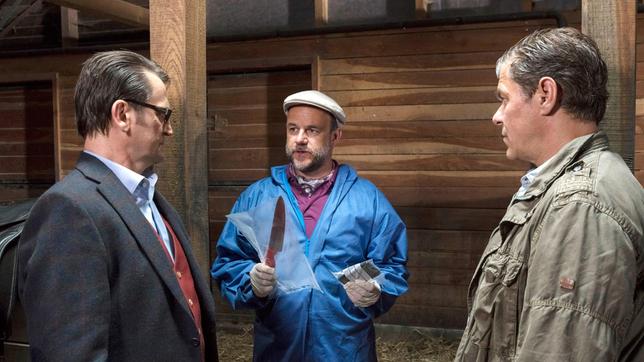 Bild: ARD/Georges Pauly Lars (Ingo Naujoks), Strahl (Christoph Tomanek) und Finn (Sven Martinek) untersuchen den Tod des Pferdehofbesitzers Alfred Petersen.