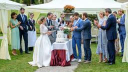 Hochzeit: Christoph (Dieter Bach, r.), Selina (Katja Rosin, 2.v.r.), Florian (Arne Löber, 3.v.r.), Tobias (Max Beier, 4.v.r.), Tante Margit (Michaela Stögbauer, 5.v.r.) und Lucy (Jennifer Siemann, 7.v.r.) beobachten gespannt, wie Franzi (Léa Wegmann, 4.v.l.) und Tim (Florian Frowein, 5.v.l.) die Hochzeitstorte anschneiden (mit Komparsen).