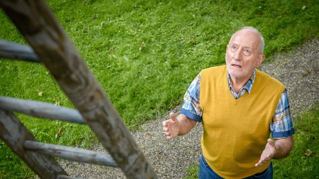 Alfons (Sepp Schauer) hilft Gerry vom Baum herunterzukommen.