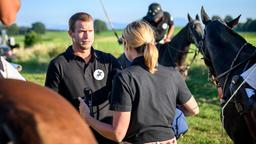 Um nach Franzi suchen zu können, bittet Tim (Florian Frowein) Amelie (Julia Gruber), bei Polo-Turnier für ihn einzuspringen (mit Komparsen).